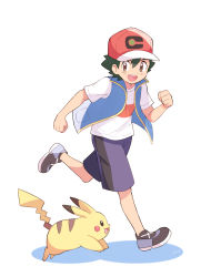 Rule 34 | ash ketchum, bad id, bad pixiv id, baseball cap, black hair, blue vest, brown eyes, commentary request, creatures (company), game freak, gen 1 pokemon, hat, highres, male focus, mei (maysroom), nintendo, open mouth, pikachu, pokemon, pokemon (anime), pokemon (creature), pokemon journeys, purple shorts, running, shirt, shoes, shorts, simple background, smile, sneakers, spiked hair, teeth, upper teeth only, vest, white background, white shirt