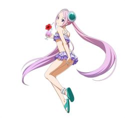 Rule 34 | 1girl, ankle cuffs, arm behind back, bikini, floating hair, flower, frilled bikini, frills, full body, hair ornament, hibiscus, holding, long hair, looking back, parted lips, pink hair, purple bikini, purple eyes, red flower, simple background, solo, swimsuit, sword art online, twintails, very long hair, white background, yuna (sao)