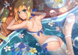 Rule 34 | 1girl, absurdres, ahoge, artoria pendragon (all), artoria pendragon (fate), artoria pendragon (swimsuit archer) (fate), artoria pendragon (swimsuit archer) (first ascension) (fate), ass, bare shoulders, bikini, blonde hair, braid, breasts, closed mouth, commentary request, day, fate/grand order, fate (series), from above, from behind, green eyes, highres, looking at viewer, medium breasts, official alternate costume, partially submerged, pool, saber (fate), sandals, smile, solo, soymilk26, swimsuit, white bikini