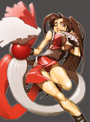 Rule 34 | 1girl, bare shoulders, breasts, brown eyes, brown hair, cleavage, fatal fury, fingerless gloves, folding fan, gloves, hand fan, japanese clothes, large breasts, long hair, one eye closed, panties, pelvic curtain, ponytail, shiranui mai, side slit, simple background, snk, solo, the king of fighters, underwear, wink, ysk!