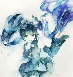 Rule 34 | 1girl, aji77, aqua eyes, aqua hair, artist name, detached sleeves, hatsune miku, long hair, looking at viewer, mixed media, necktie, open mouth, painting (medium), signature, skirt, solo, traditional media, twintails, vocaloid, watercolor (medium), white background