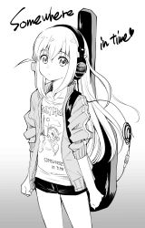 Rule 34 | 1girl, absurdres, band shirt, bocchi the rock!, clenched hands, crossed bangs, cube hair ornament, english text, fqnrxj, gotoh hitori, greyscale, hair between eyes, hair ornament, headphones, highres, instrument case, iron maiden (band), jacket, long hair, looking at viewer, merchandise, monochrome, one side up, open clothes, open jacket, shirt, short shorts, shorts, sidelocks, solo, sony, standing, t-shirt, track jacket