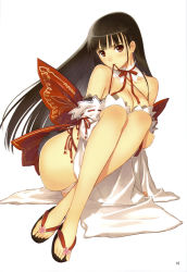 Rule 34 | 1girl, barefoot, blush, bow, breasts, brown eyes, brown hair, choker, cleavage, detached sleeves, feet, female focus, highres, legs, long legs, looking at viewer, mouth hold, panties, pantyshot, red eyes, ribbon, sandals, scan, simple background, solo, toes, tony taka, underwear, white background, white panties
