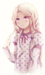Rule 34 | 00s, 1girl, absurdres, bad id, bad pixiv id, blonde hair, blush, braid, hanamoto hagumi, highres, holding, holding own hair, honey and clover, long hair, miruhi (pixiv12262111), parted lips, polka dot, purple eyes, solo, very long hair, white background