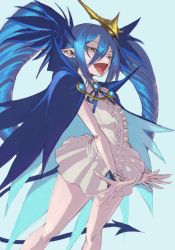Rule 34 | 1girl, :d, blue cape, blue hair, blue ribbon, blue tail, bombergirl, brooch, cape, center frills, collared dress, demon tail, dress, drill hair, earrings, eyes visible through hair, fangs, frills, hair between eyes, jewelry, legs apart, lewisia aquablue, blue background, open mouth, pointy ears, ribbon, short dress, sleeveless, sleeveless dress, smile, solo, tail, tongue, tongue out, twin drills, vaison, white dress, yellow eyes