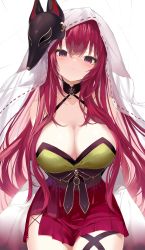 Rule 34 | 1girl, animal ears, azur lane, bare shoulders, blush, breasts, chitose (azur lane), cleavage, floppy ears, fox ears, fox mask, halterneck, highres, large breasts, long hair, looking at viewer, mask, mask on head, red eyes, red hair, solo, veil, yuui hutabakirage