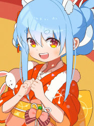Rule 34 | 1girl, animal ear fluff, animal ears, bad id, bad pixiv id, blue hair, blush, commentary request, don-chan (usada pekora), hair between eyes, hair ornament, hands up, highres, hololive, japanese clothes, kimono, long hair, looking at viewer, multicolored hair, open mouth, own hands together, rabbit-shaped pupils, rabbit ears, sash, short eyebrows, short sleeves, sidelocks, smile, symbol-shaped pupils, teeth, tongue, two-tone hair, usada pekora, usada pekora (new year), virtual youtuber, white hair, yuki yukki12