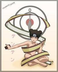 Rule 34 | 00s, 1girl, 2006, artist name, barefoot, breasts, brown hair, collarbone, crossed legs, daminitri, closed eyes, feet, female focus, forehead protector, headband, holding, japanese text, konohagakure symbol, kunai, naruto, naruto (series), nude, on floor, scroll, sitting, solo, tenten (naruto), text focus, toes, translation request, weapon