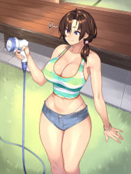 Rule 34 | 1girl, 23 (real xxiii), absurdres, ahoge, armpits, bad anatomy, bare legs, bikini, bikini top only, blush, bracelet, breasts, brown hair, cleavage, closed mouth, covered erect nipples, female focus, from above, game cg, grass, groin, hair over shoulder, hair tie, hand up, happy, highres, holding, holding hose, hose, hose nozzle, inaka no onee-chan to hito natsu docha ero icha love sex, jewelry, large breasts, legs, legs together, long hair, low ponytail, midriff, musical note, navel, original, outdoors, ponytail, purple eyes, ring, see-through, short shorts, shorts, smile, solo, standing, striped, striped tank top, sweat, swimsuit, tank top, thighs, thong, water, whistling, yellow bikini