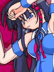 Rule 34 | 1girl, arm up, black hair, blue eyes, collared shirt, exhausted, hair ornament, hairpin, looking down, lowres, os-tan, parted lips, saliva, see-through, shirt, sidelocks, simple background, sleeveless, sleeveless shirt, solo, upper body, xp-tan