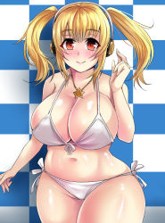 Rule 34 | 1girl, belly, bikini, blonde hair, breasts, cleavage, curvy, headphones, huge breasts, jewelry, long hair, looking at viewer, navel, necklace, nishida megane, nitroplus, plump, red eyes, shiny skin, side-tie bikini bottom, simple background, smile, solo, super pochaco, swimsuit, thick thighs, thighs, twintails, wide hips