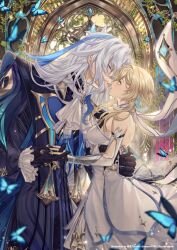 Rule 34 | 1boy, 1girl, black gloves, blonde hair, blue butterfly, blue hair, bug, butterfly, closed eyes, cowboy shot, dress, from side, genshin impact, gloves, highres, imminent kiss, insect, interlocked fingers, long hair, lumine (genshin impact), multicolored hair, neuvillette (genshin impact), short hair, white dress, white hair, xiayou1104