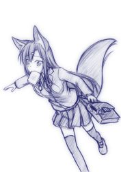 Rule 34 | 1girl, alternate costume, animal ears, blush, bread slice, character doll, contemporary, food, food in mouth, highres, imaizumi kagerou, jewelry, long hair, long sleeves, minaha (playjoe2005), monochrome, mouth hold, necklace, purple theme, school uniform, sketch, skirt, solo, tail, thighhighs, toast, toast in mouth, touhou, traditional media, very long hair, wakasagihime, wolf ears, wolf tail