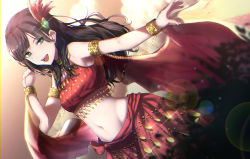 Rule 34 | 1girl, :d, arabian clothes, armlet, black hair, bracelet, clenched hand, crop top, dancer, dutch angle, feather hair ornament, feathers, green eyes, hair ornament, inferno phoenix, jewelry, komiya arisa, kurosawa dia, lens flare, long hair, love live!, love live! school idol festival, love live! sunshine!!, midriff, mole, mole under mouth, navel, open mouth, otsumami (otsu-mugi), red feathers, red skirt, round teeth, shawl, skirt, smile, solo, sparkle, teeth, upper teeth only, voice actor, voice actor connection