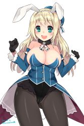 Rule 34 | 10s, 1girl, :d, adapted costume, animal ears, aqua eyes, atago (kancolle), bare shoulders, black gloves, blonde hair, blush, breasts, cowboy shot, crotch seam, detached sleeves, fake animal ears, forearms at chest, fur collar, gloves, gluteal fold, hairband, hat, highres, kantai collection, kuro chairo no neko, large breasts, leotard, long hair, looking at viewer, open mouth, pantyhose, playboy bunny, rabbit ears, simple background, smile, solo, twitter username, white background