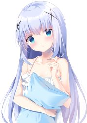 Rule 34 | 1girl, :o, bare arms, bare shoulders, blue eyes, blue hair, blush, collarbone, commentary request, dress, frilled dress, frills, gochuumon wa usagi desu ka?, hair between eyes, hair ornament, hand up, head tilt, highres, kafuu chino, long hair, looking at viewer, hugging object, parted lips, pillow, pillow hug, pizzzica, simple background, sleeveless, sleeveless dress, solo, very long hair, white background, white dress, x hair ornament