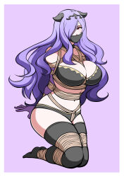 Rule 34 | 1girl, arms behind back, bdsm, between breasts, black bra, black choker, black panties, black thighhighs, black tiara, bondage, bound, bound ankles, bound arms, bound legs, bra, breast bondage, breasts, camilla (fire emblem), choker, cleavage, crotch rope, curvy, elbow gloves, fake horns, fire emblem, fire emblem fates, full body, gag, gagged, gloves, hair over one eye, highres, horns, jam-orbital, large breasts, legs together, looking at viewer, navel, nintendo, panties, pink eyes, purple background, restrained, shibari, skindentation, solo, strapless, strapless bra, thick thighs, thighhighs, thighs, tiara, underwear, unworn armor, wavy hair
