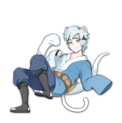 Rule 34 | 1boy, animal, animal ears, belt pouch, black footwear, blue hair, blue pants, blush, boruto: naruto the movie, cat boy, cat ears, cat tail, closed mouth, forehead protector, full body, greetload, japanese clothes, kemonomimi mode, looking at viewer, male focus, mitsuki (naruto), naruto, naruto (series), pale skin, pants, pouch, shoes, simple background, sleeves past wrists, smile, snake, solo, tail, toeless footwear, yellow eyes