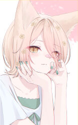 Rule 34 | 1girl, absurdres, animal ear fluff, animal ears, blush, brown eyes, cherry blossoms, closed mouth, eyes visible through hair, fang, flat chest, fox ears, green nails, hair between eyes, hair ornament, hair over one eye, hand on own face, hands up, highres, kudamaki tsukasa, light brown hair, light smile, looking at viewer, mizore arius, nail polish, petal on nose, petals, shirt, short hair, short sleeves, skin fang, slit pupils, solo, touhou, white shirt