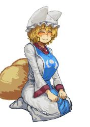 Rule 34 | 1girl, animal ears, animal hat, blonde hair, chanta (ayatakaoisii), closed eyes, closed mouth, fox ears, fox tail, happy, hat, highres, long skirt, long sleeves, mob cap, multiple tails, seiza, shirt, short hair, simple background, sitting, skirt, smile, solo, tabard, tail, touhou, white background, white hat, white legwear, white shirt, white skirt, yakumo ran