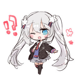 Rule 34 | !?, 1girl, ;d, black jacket, black thighhighs, blue eyes, blue sweater, blush, chibi, chibi only, collared shirt, fate/grand order, fate (series), flower, full body, grey hair, grey skirt, hair between eyes, hair ornament, jacket, long hair, looking at viewer, marie antoinette (alter) (fate), marie antoinette (fate), necktie, one eye closed, open clothes, open jacket, open mouth, outstretched arm, red necktie, school uniform, shio kuzumochi, shirt, simple background, skirt, smile, solo, standing, standing on one leg, sweater, thighhighs, twintails, very long hair, white background, white shirt, wing collar