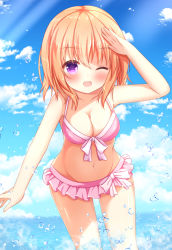 Rule 34 | 1girl, ;d, arm up, bare arms, bare shoulders, bikini, blue sky, blush, breasts, brown hair, cleavage, cloud, cloudy sky, collarbone, commentary request, day, front-tie bikini top, front-tie top, gochuumon wa usagi desu ka?, groin, hair between eyes, hoto cocoa, kedama (kedama akaza), leaning forward, looking at viewer, medium breasts, navel, one eye closed, open mouth, outdoors, pink bikini, purple eyes, sky, smile, solo, swimsuit, water, water drop