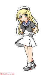 Rule 34 | 172cm, black bow, blonde hair, blush, bow, dress, full body, green eyes, hat, highres, jervis (kancolle), kantai collection, looking at viewer, sailor collar, sailor dress, sailor hat, short sleeves, simple background, smile, socks, solo, standing, tagme, twitter username, white background, white dress, white hat, white socks