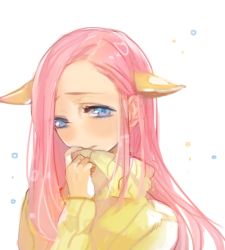 Rule 34 | 1girl, animal ears, blue eyes, extra ears, fluttershy, forehead, gyehu, horse ears, horse girl, long hair, my little pony, my little pony: friendship is magic, no nose, personification, pink hair, shy, solo, turtleneck, white background