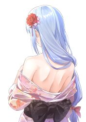Rule 34 | 1girl, absurdres, b1ack illust, back, back bow, back focus, bare shoulders, black bow, blue hair, bow, earrings, facing ahead, floral print, flower, from behind, hair bow, hair flower, hair ornament, highres, idolmaster, idolmaster million live!, idolmaster million live! theater days, japanese clothes, jewelry, kanzashi, kimono, long hair, long sleeves, low-tied long hair, median furrow, obi, off shoulder, pink kimono, print kimono, red bow, red flower, sash, shiraishi tsumugi, sidelocks, solo, stud earrings, upper body