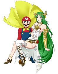 Rule 34 | 1boy, 1girl, blue eyes, breasts, brown hair, cape, cape mario, carrying, carrying person, cleavage, facial hair, gloves, green eyes, green hair, hat, highres, kid icarus, legs, long hair, looking at another, mario, mario (series), mustache, nintendo, overalls, palutena, princess carry, serious, standing, super mario world, super smash bros., tiara, torn clothes, vallurite, wardrobe malfunctio