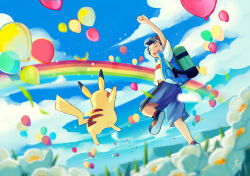 Rule 34 | 1boy, :d, absurdres, arm up, ash ketchum, backpack, bag, balloon, black hair, blurry, clenched hand, closed eyes, cloud, commentary request, creatures (company), day, flower, from below, game freak, gen 1 pokemon, gen 2 pokemon, green bag, hat, highres, ho-oh, leg up, legendary pokemon, male focus, nintendo, open mouth, outdoors, pikachu, pokemon, pokemon (anime), pokemon (creature), pokemon journeys, rainbow, red headwear, shirt, shoes, short hair, short sleeves, shorts, signature, sky, sleeveless, sleeveless jacket, smile, t-shirt, tongue, uyumaru art, white shirt