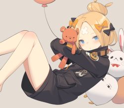 Rule 34 | 1girl, abigail williams (fate), abigail williams (traveling outfit) (fate), balloon, bare legs, black bow, black jacket, blonde hair, blue eyes, blush, bow, brown background, closed mouth, commentary request, crossed bandaids, fate/grand order, fate (series), fou (fate), hair bow, hair bun, head tilt, heroic spirit traveling outfit, highres, jacket, kildir, long hair, long sleeves, looking at viewer, medjed (fate), hugging object, official alternate costume, orange bow, parted bangs, polka dot, polka dot bow, simple background, single hair bun, sleeves past fingers, sleeves past wrists, solo, stuffed animal, stuffed toy, teddy bear, thighs