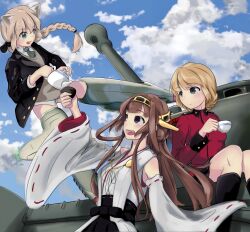 Rule 34 | 3girls, absurdres, boots, cloud, cloudy sky, crossover, cup, darjeeling (girls und panzer), girls und panzer, highres, japanese clothes, kantai collection, kongou (kancolle), lynette bishop, multiple girls, pensir, sitting, sky, st. gloriana&#039;s military uniform, strike witches, tea, teacup, teapot, world witches series