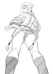 Rule 34 | 1girl, antenna hair, ass, beret, braid, cammy white, capcom, dr.p, fingerless gloves, gloves, greyscale, hat, long hair, looking at viewer, military, military uniform, monochrome, panties, simple background, solo, standing, street fighter, street fighter v, twin braids, underwear, uniform, white background