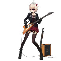 Rule 34 | 1girl, amplifier, animal, animal on head, aviator sunglasses, black footwear, black gloves, black jacket, blonde hair, boots, breasts, brown shirt, brown thighhighs, cable, chilunchilun, clothes writing, collarbone, demon horns, earrings, electric guitar, full body, garter straps, girls&#039; frontline, gloves, goth fashion, gothic, guitar, gun, holding, holding instrument, horns, instrument, jacket, jewelry, leather, leather jacket, looking away, m1897 (electric witch) (girls&#039; frontline), m1897 (girls&#039; frontline), multiple earrings, official alternate costume, official art, on head, open clothes, open jacket, plaid, plaid skirt, platform boots, platform footwear, pump action, punk, punkish gothic, red skirt, rocker-chic, shirt, short hair, shotgun, shoulder spikes, sidelocks, skirt, small breasts, solo, spikes, stud earrings, studded choker, studded footwear, studded gloves, studded jacket, studded strap, sunglasses, thigh strap, thighhighs, tinted eyewear, transparent background, weapon, winchester model 1897