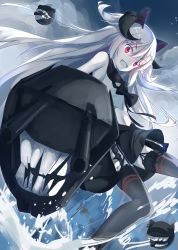 Rule 34 | 1girl, animal ears, bare shoulders, black bow, black ribbon, black skirt, bow, cannon, cloud, dark persona, fake animal ears, fang, fangs, floating hair, foam, from below, froth, garter straps, grey hair, grey thighhighs, hair ornament, holding, holding weapon, jacknavy, leg up, long hair, looking at viewer, monster, navel, on water, open mouth, red eyes, ribbon, sailor collar, shimakaze (warship girls r), skirt, sky, solo, thighhighs, vest, warship girls r, water, waves, weapon