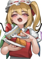 Rule 34 | 1girl, blonde hair, cake, fang, flandre scarlet, food, fruit, hat, highres, mob cap, open mouth, puffy short sleeves, puffy sleeves, rabbit (wlsdnjs950), red eyes, red vest, ribbon, shirt, short hair, short sleeves, side ponytail, simple background, solo, strawberry, touhou, vest, white background, white hat, white shirt, wings