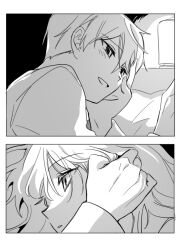 Rule 34 | 1boy, 1girl, 2koma, bbunny, blush, closed mouth, comic, couple, greyscale, hetero, lamp, library of ruina, long sleeves, lowell (project moon), monochrome, open mouth, pillow, project moon, simple background, smile, under covers, upper body, white background, xiao (project moon)