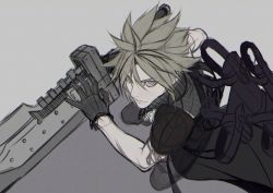 Rule 34 | 1boy, armor, black gloves, blonde hair, brown eyes, closed mouth, cloud strife, eyes visible through hair, film grain, final fantasy, final fantasy vii, gloves, hair between eyes, holding, holding sword, holding weapon, kiki lala, male focus, pauldrons, ribbon, scabbard, sheath, shoulder armor, sketch, solo, spiked hair, square enix, sword, turtleneck, unsheathed, weapon