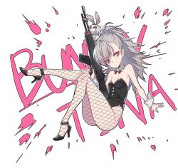 Rule 34 | 1girl, bare shoulders, black footwear, bow, bowtie, breasts, cleavage, closers, collarbone, detached collar, eyebrows, eyes visible through hair, fishnet pantyhose, fishnets, full body, grey hair, gun, high heels, holding, holding gun, holding weapon, knee up, leg up, looking to the side, orange eyes, pantyhose, ponytail, red bow, red bowtie, rifle, shoes, small breasts, solo, stuffed animal, stuffed rabbit, stuffed toy, supernew, tina (closers), weapon, wrist cuffs