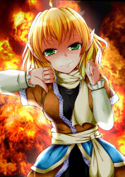 Rule 34 | 1girl, blonde hair, breasts, dress, female focus, fire, green eyes, grin, koza900, mizuhashi parsee, pointing, pointy ears, scarf, smile, solo, thumbs down, touhou