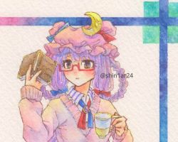 Rule 34 | 1girl, blue bow, book, bow, braid, brown eyes, crescent, crescent hat ornament, cup, frilled shirt collar, frills, hair bow, hat, hat ornament, holding, holding book, holding cup, long hair, long sleeves, mob cap, open book, painting (medium), patchouli knowledge, pink hat, purple hair, reading, red-framed eyewear, red bow, semi-rimless eyewear, shin1ar24, simple background, solo, teacup, touhou, traditional media, twin braids, under-rim eyewear, upper body, watercolor (medium), watercolor pencil (medium)