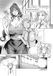 Rule 34 | 2girls, action taimanin, breasts, cleavage, coat, collarbone, comic, electricity, english text, fei (maidoll), forehead, grabbing another&#039;s hair, greyscale, hair intakes, highres, huge breasts, lips, long hair, miniskirt, mole, mole under eye, monochrome, multiple girls, necktie, open clothes, open coat, pantyhose, parted lips, pencil skirt, pleated skirt, ponytail, school uniform, shirt, sidelocks, skirt, sweat, swept bangs, taimanin (series), taimanin rpgx, twintails, uehara rin, very long hair