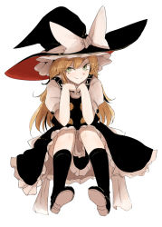 Rule 34 | 1girl, black hat, black skirt, black vest, blonde hair, bow, braid, buttons, closed mouth, double-breasted, green eyes, grey shirt, hair bow, hands up, hat, hat bow, kirisame marisa, long hair, looking at viewer, necro (nekurodayo), pale skin, puffy short sleeves, puffy sleeves, shirt, short sleeves, side braid, simple background, skirt, smile, solo, touhou, vest, white background, white bow, witch hat