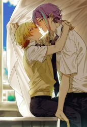 Rule 34 | 2boys, arms around neck, black pants, blonde hair, blush, brown sweater vest, collared shirt, curtains, desk, gradient hair, highres, imminent kiss, kamishiro rui, looking at another, male focus, minn 0618, multicolored hair, multiple boys, necktie, on desk, open mouth, orange eyes, orange hair, pants, project sekai, purple hair, school desk, shirt, short hair, short sleeves, sitting, sky, streaked hair, striped necktie, sweat, sweatdrop, sweater vest, tenma tsukasa, vest, white shirt, window, yaoi, yellow eyes