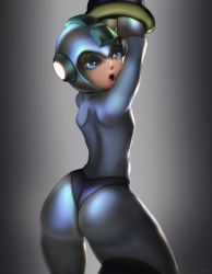 Rule 34 | 1boy, androgynous, arms up, ass, blue eyes, blue suit, curvy, formal, helmet, highres, huge ass, mega man (character), mega man (series), open mouth, robot, suit, thong, tied, trap, wide hips