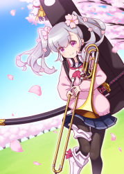 Rule 34 | black pantyhose, blue sailor collar, blue skirt, cardigan, cherry blossoms, commentary request, flower, guitar case, hair flower, hair ornament, harada (sansei rain), highres, holding, holding instrument, instrument, instrument case, katana, kazehaya sakura, long hair, long sleeves, looking at viewer, neckerchief, nyanko daisensou, pantyhose, pink cardigan, pink flower, pleated skirt, purple eyes, red neckerchief, sailor collar, sheath, sheathed, silver hair, skirt, solo, sword, tree, trombone, twintails, weapon