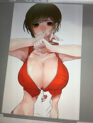 Rule 34 | 1girl, armpits, arms up, bare shoulders, blush, breasts, brown hair, collarbone, covering own mouth, crop top, embarrassed, highres, itoko (i t k), large breasts, looking at viewer, meiko (vocaloid), midriff, short hair, solo, stomach, sweatdrop, unfinished, vocaloid, white background, zipper, zipper pull tab