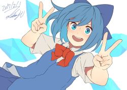 Rule 34 | 1girl, 2017, :d, blue bow, blue eyes, blue hair, blue skirt, blue vest, bow, bowtie, cirno, collared shirt, dated, double v, dutch angle, hair bow, ice, ice wings, kobaji, looking at viewer, open mouth, red bow, red bowtie, shirt, short hair, short sleeves, signature, simple background, skirt, skirt set, smile, solo, touhou, upper body, v, vest, white background, white shirt, wings