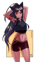 Rule 34 | 1girl, absolutemabbak, animal ears, armband, armpits, arms up, bike shorts, black hair, blush, borrowed character, brown thoroughbred (kemono friends), bunching hair, commentary, commission, cowboy shot, dark-skinned female, dark skin, dated, english commentary, gluteal fold, hands in hair, highres, horse ears, horse girl, kemono friends, long hair, looking at viewer, midriff, navel, simple background, sleeveless, solo, thighs, very long hair